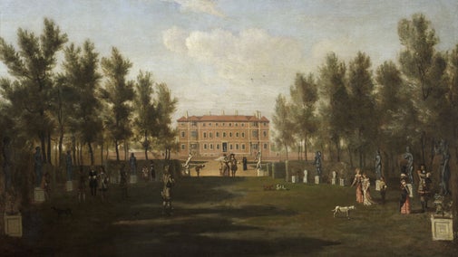Ham House from the south by Henry Danckerts (1625-1680), c.1675-9, an inset painting in the White Closet at Ham House, Richmond-upon-Thames. Oil on canvas.